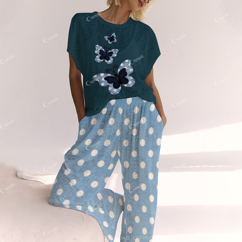 Blue Retro Bow Polka Dot Color Block Ladies Lounge Suit