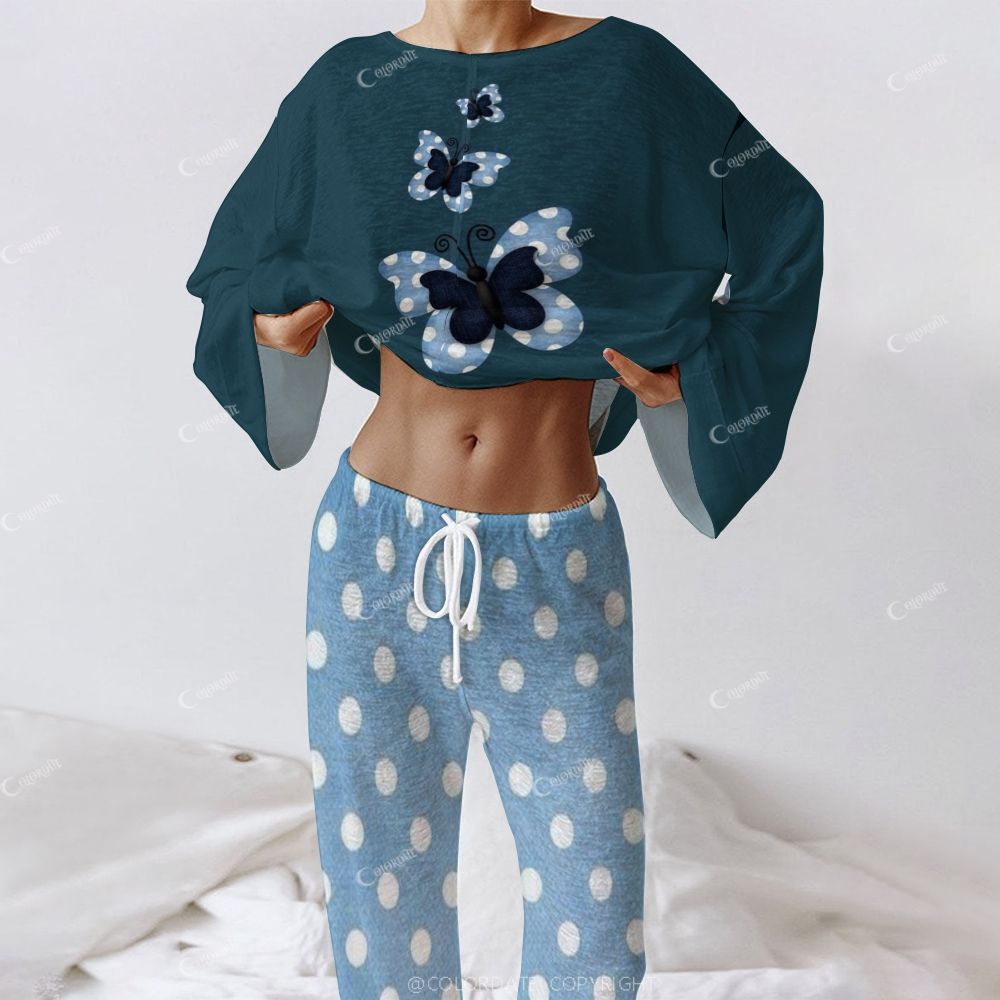 Women's Blue Retro Bow Polka Dot Color Block Long Sleeve Cotton Homewear Set