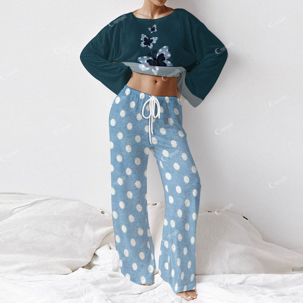 Women's Blue Retro Bow Polka Dot Color Block Long Sleeve Cotton Homewear Set