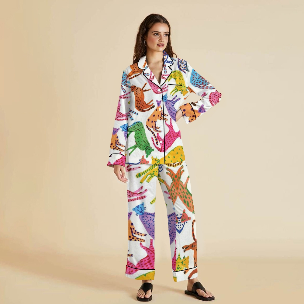 Women's Colorful Hand Painted Cheetah Fun Pajama Set