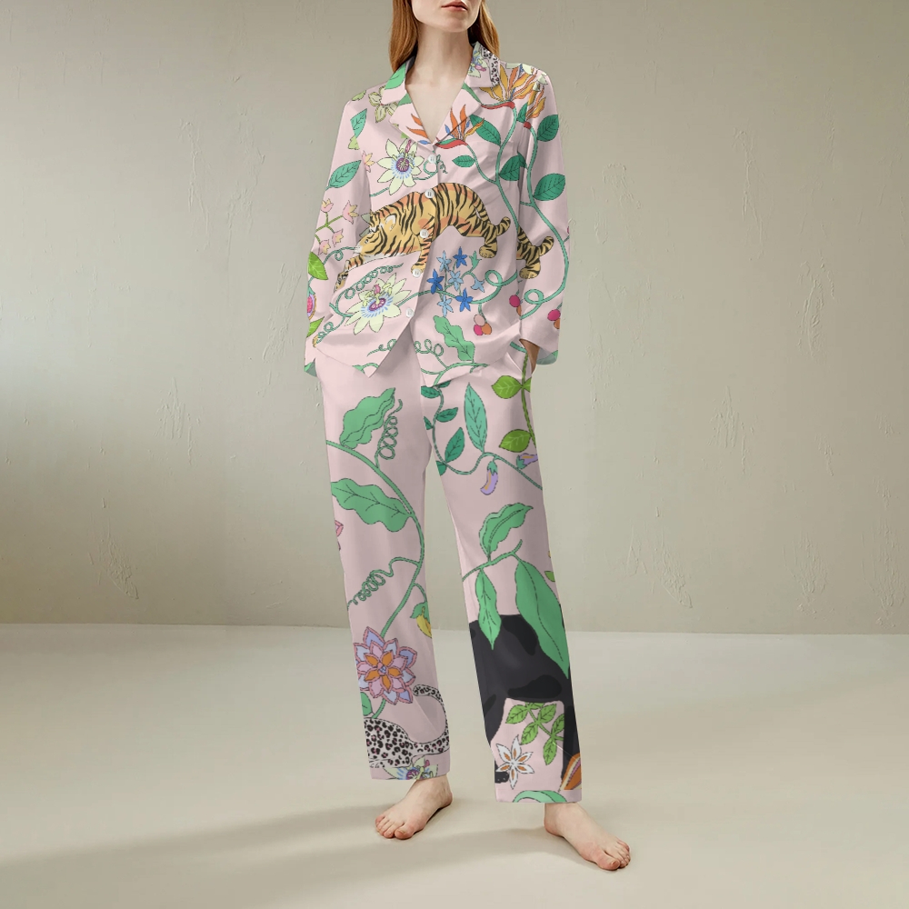Women's Lapel Floral Animal Print Long Sleeve Pajama Set