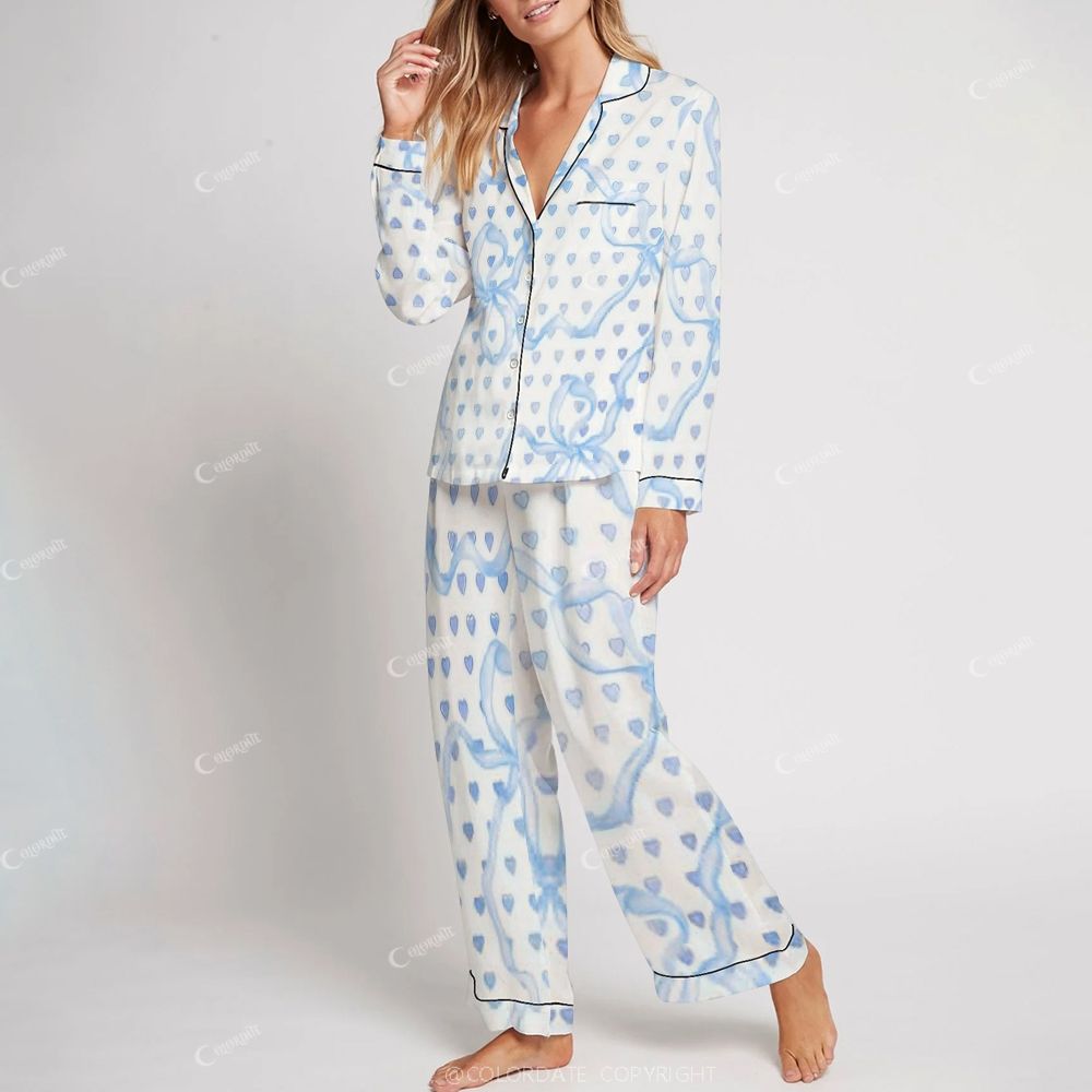 Women's Blue Bow Love Print Home Long Sleeve Suit