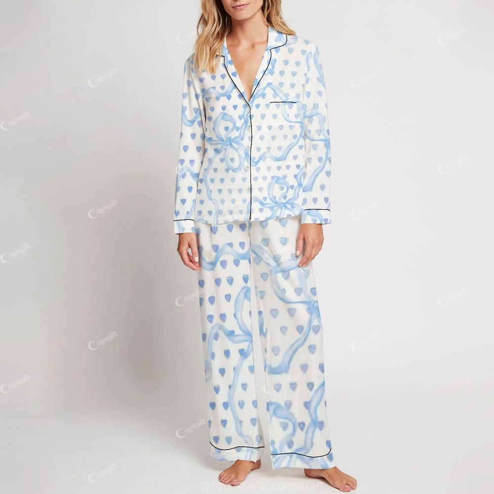 Women's Blue Bow Love Print Home Long Sleeve Suit