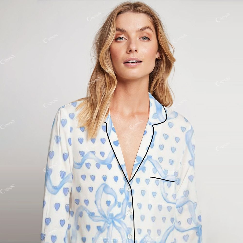 Women's Blue Bow Love Print Home Long Sleeve Suit