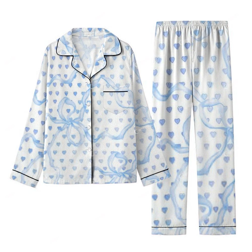Women's Blue Bow Love Print Home Long Sleeve Suit