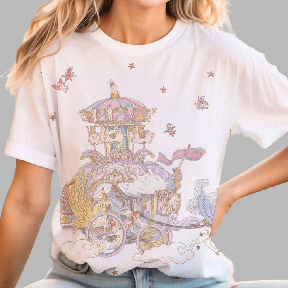 Colordate Women's Fantasy Carriage Round Neck Short Sleeve Tee