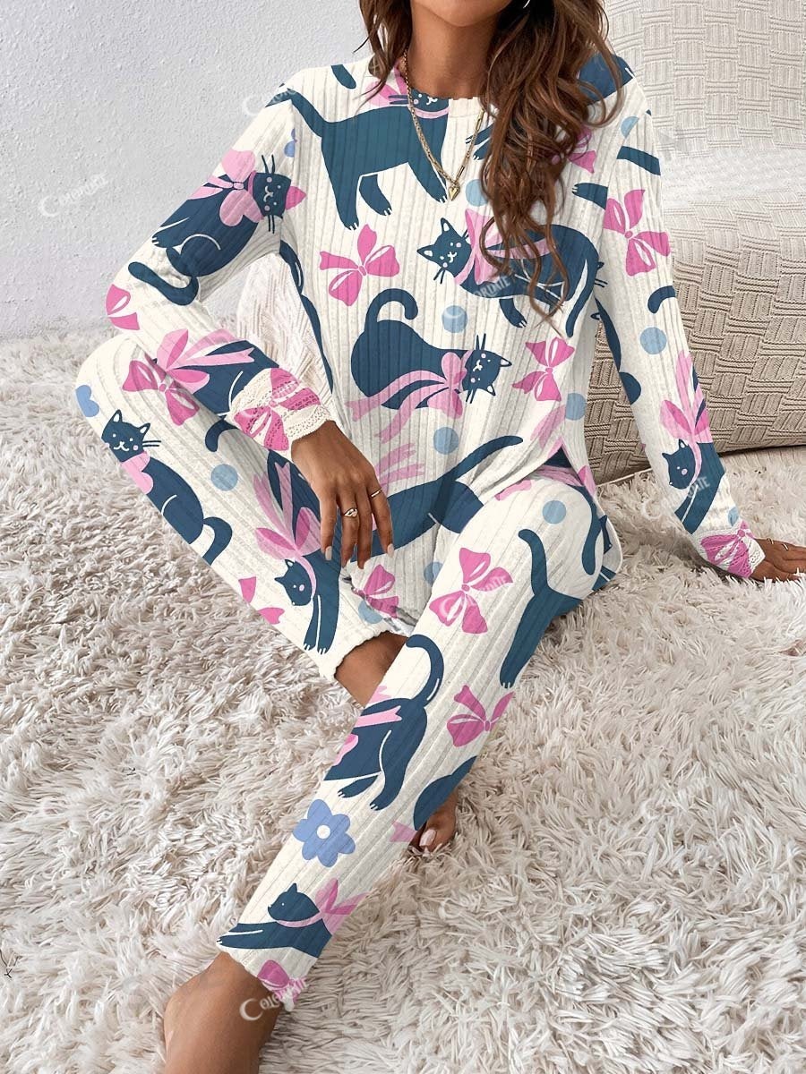 Women's Bow Cat Print Long Sleeve Suit