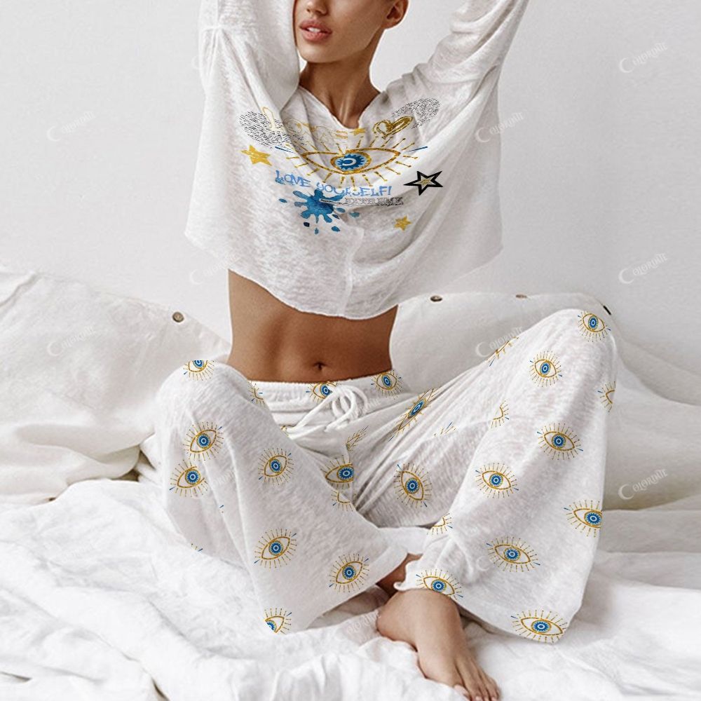 Colordate Women's Stars And Blue Eyes Long Sleeve Cotton Homewear Set