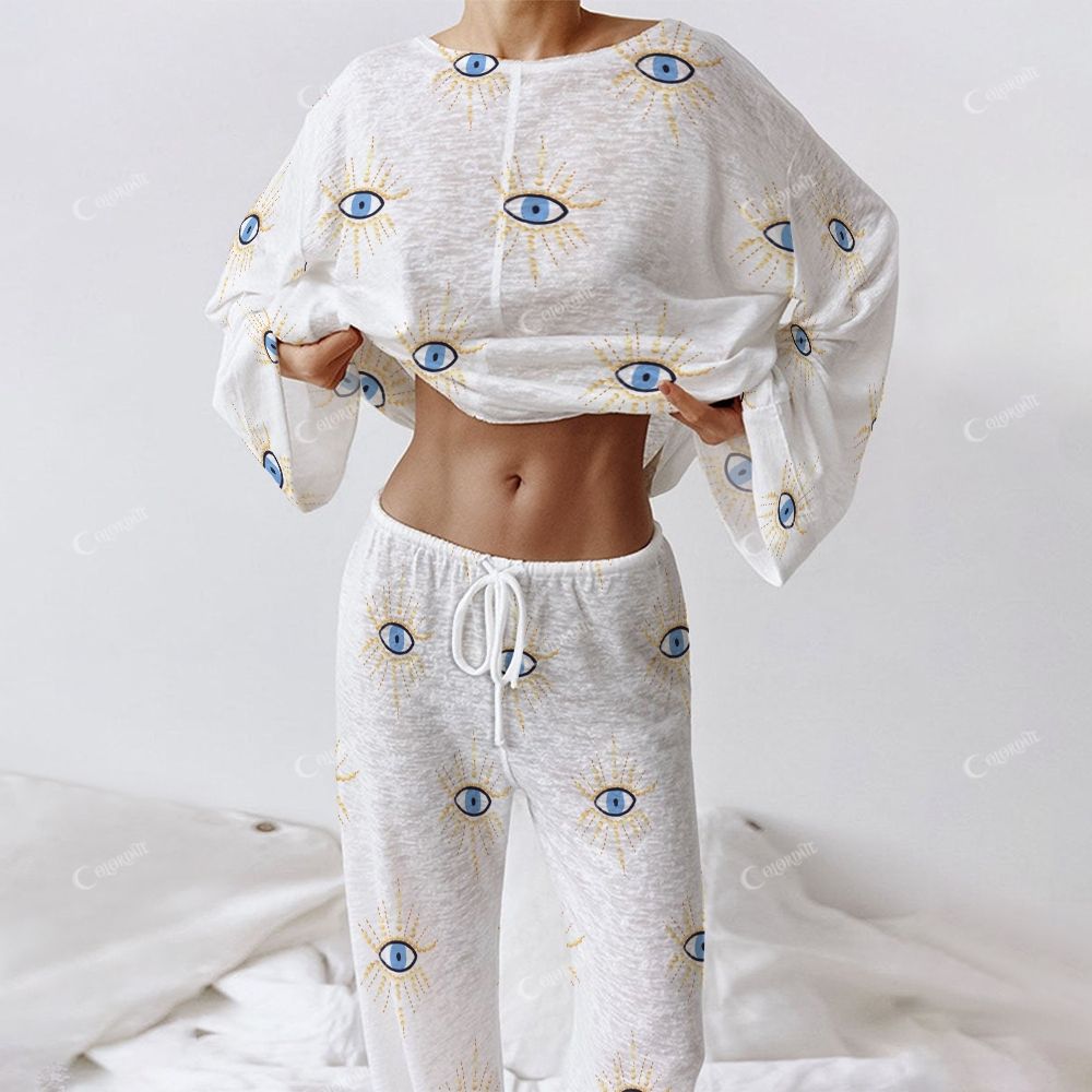 Colordate Women's Blue Eye Long Sleeve Cotton Homewear Set