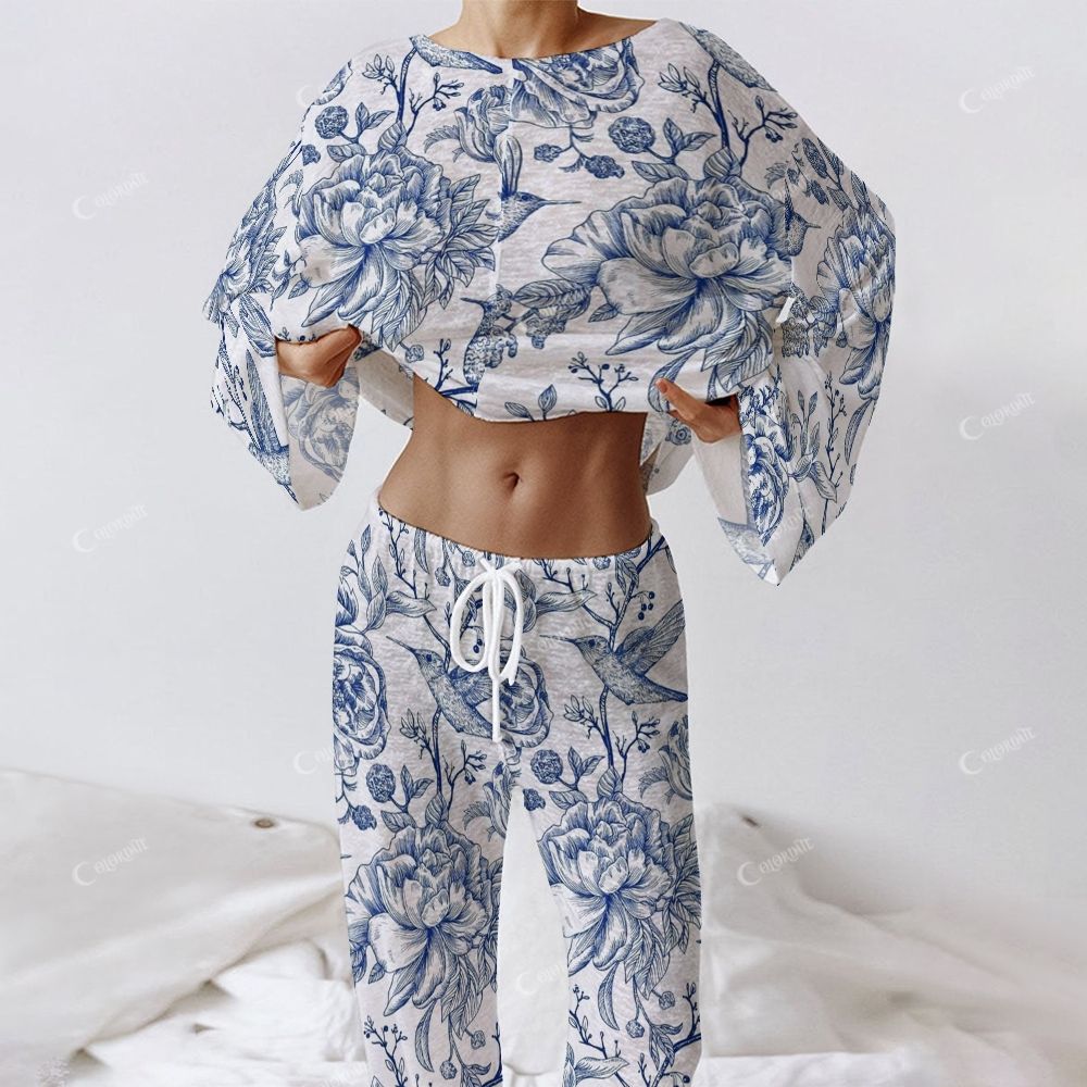 Colordate Women's Flowers And Birds Long Sleeve Cotton Homewear Set