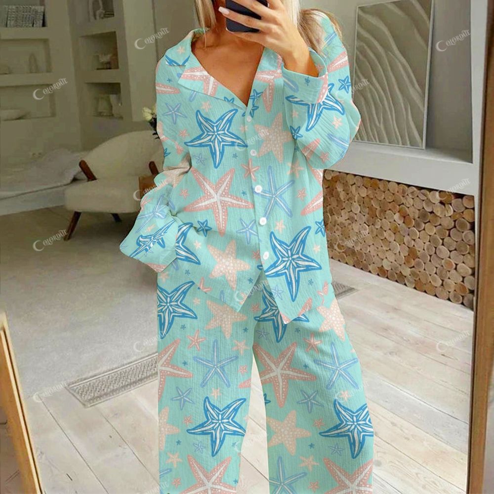 Colordate Women's Starfish Print Cotton Cardigan Homewear Set