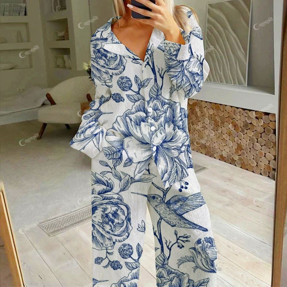 Colordate Women's Blue Flowers And Birds Print Cotton Cardigan Homewear Set
