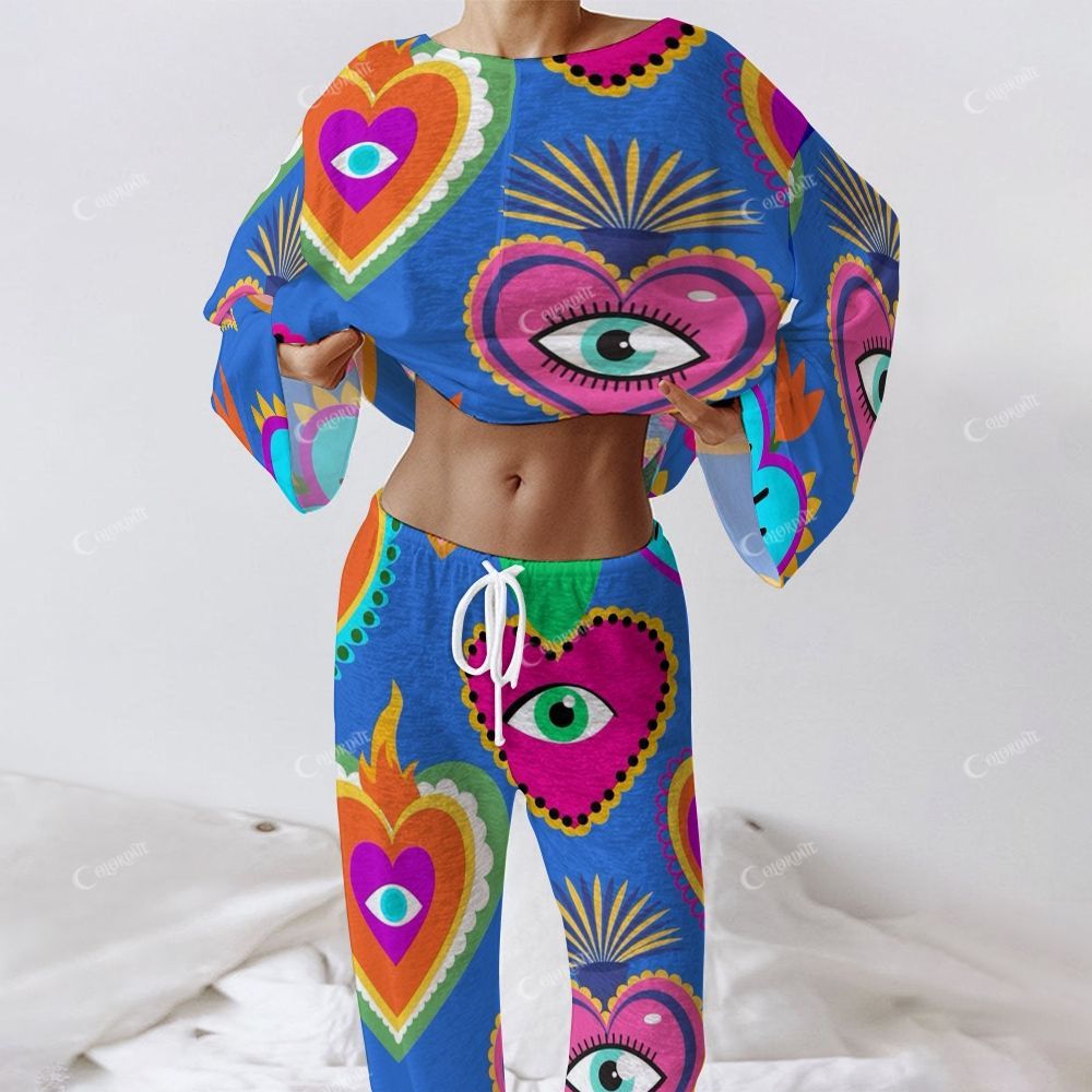 Colordate Women's Eyes And Love Print Long Sleeve Cotton Homewear Set 2503001977