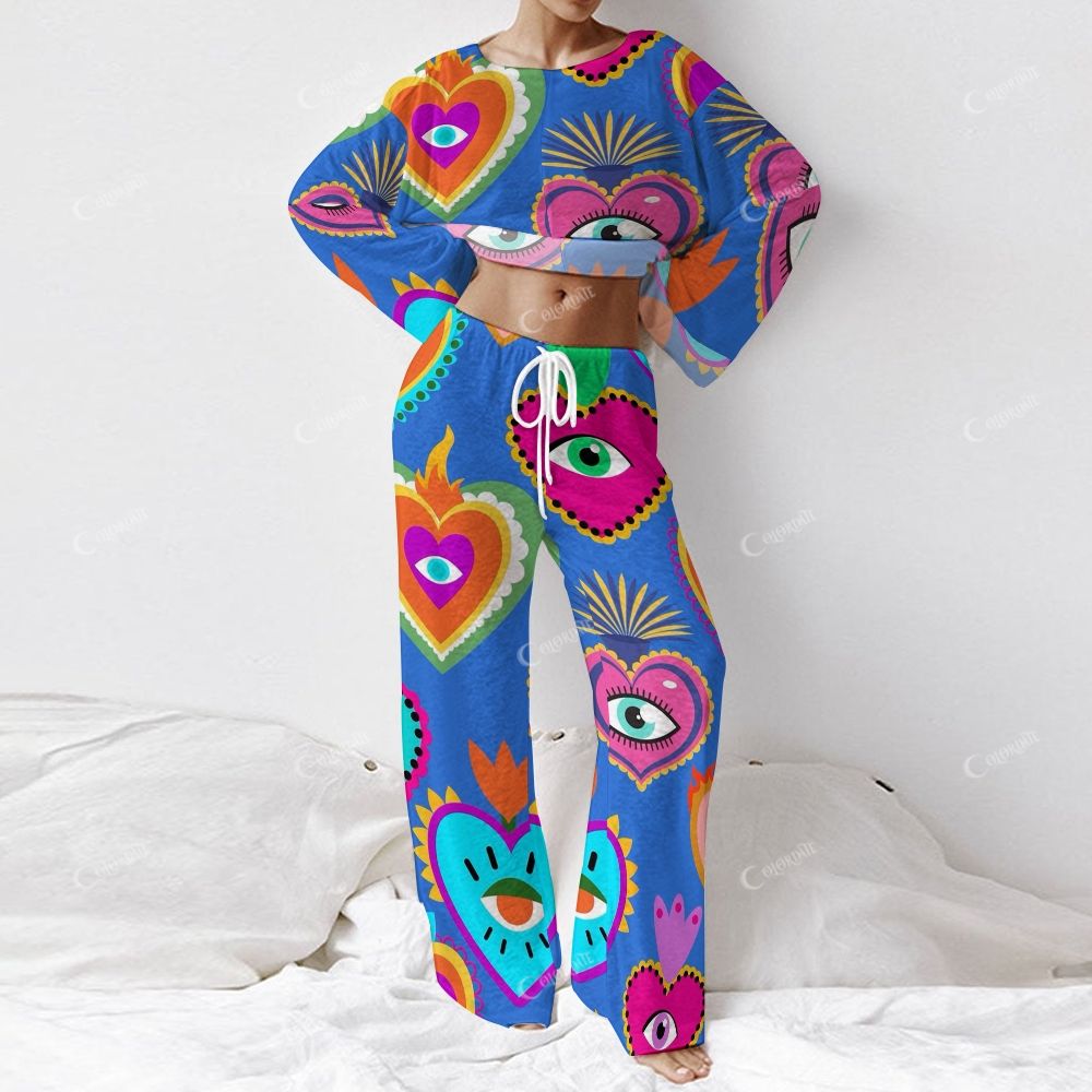 Colordate Women's Eyes And Love Print Long Sleeve Cotton Homewear Set 