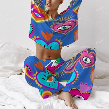 Colordate Women's Eyes And Love Print Long Sleeve Cotton Homewear Set 