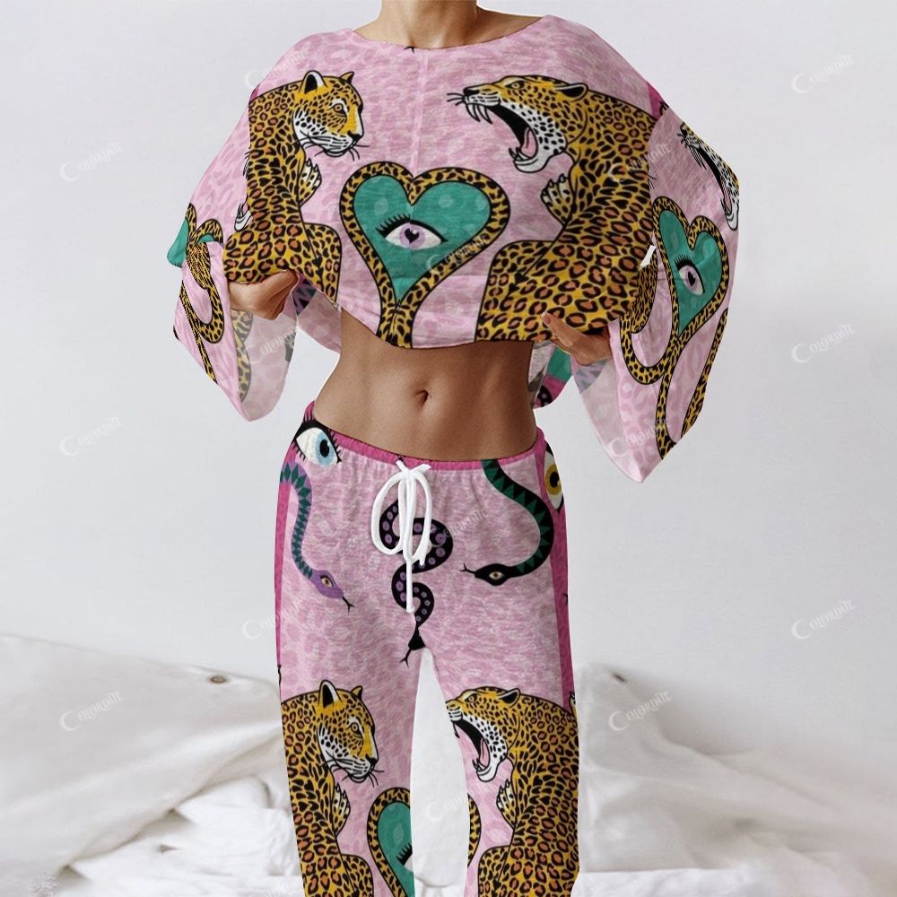 Colordate Women's Double Tiger And Snake Print Long Sleeve Cotton Homewear Set