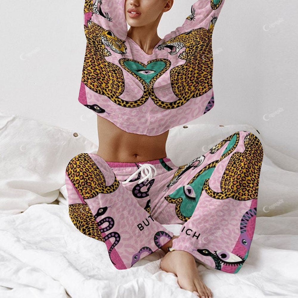 Colordate Women's Double Tiger And Snake Print Long Sleeve Cotton Homewear Set