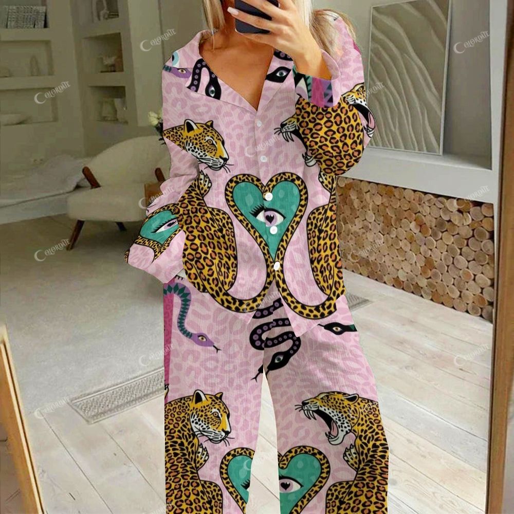 Colordate Women's Double Tiger And Snake Print Cotton Cardigan Homewear Set