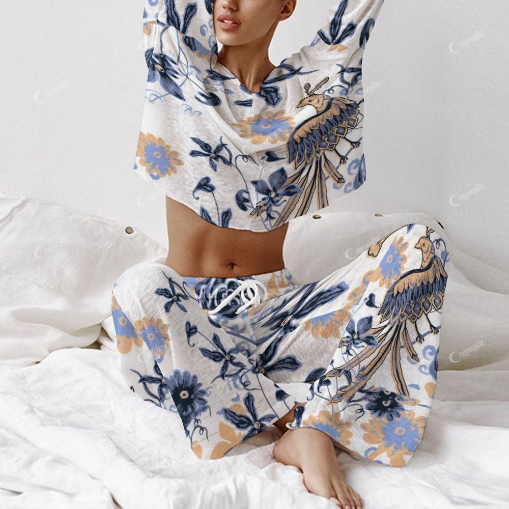 Colordate Women's Peacock And Flower Print Long Sleeve Cotton Homewear Set