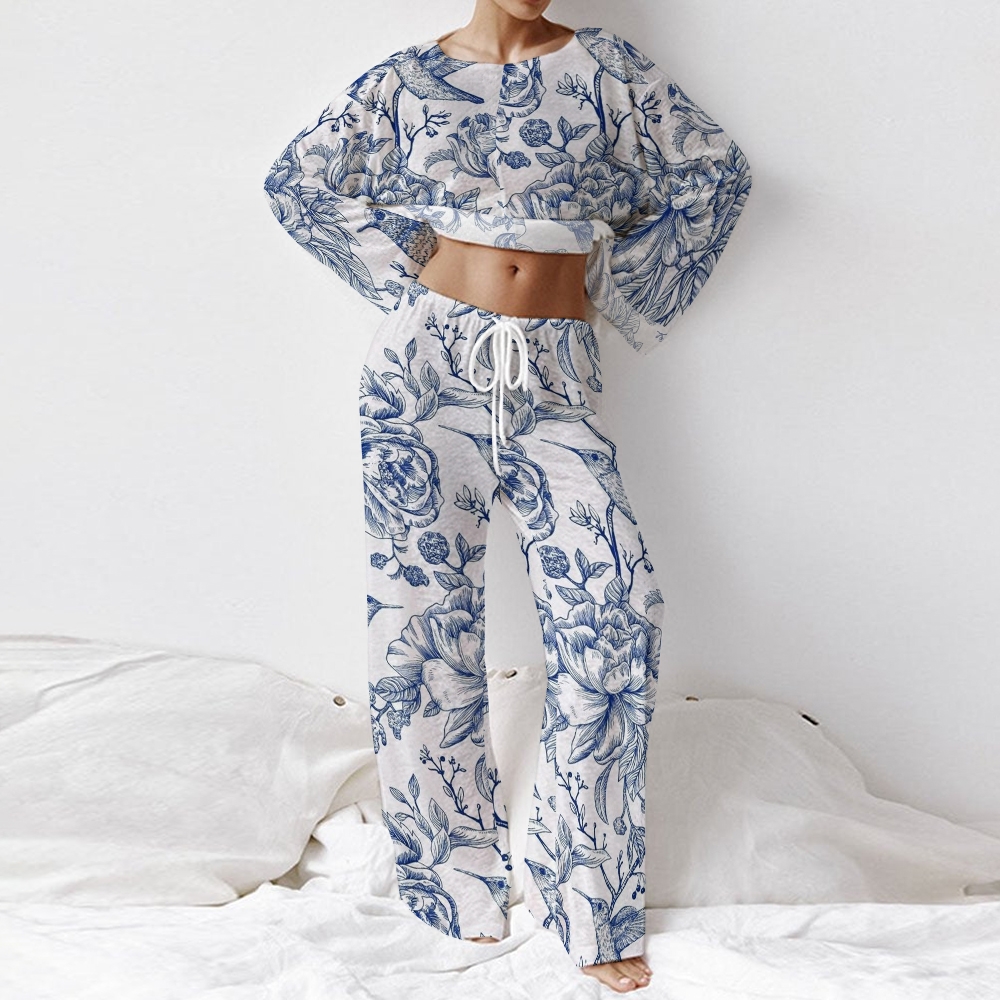 Colordate Women's Flower And Birds Long Sleeve Cotton Homewear Set