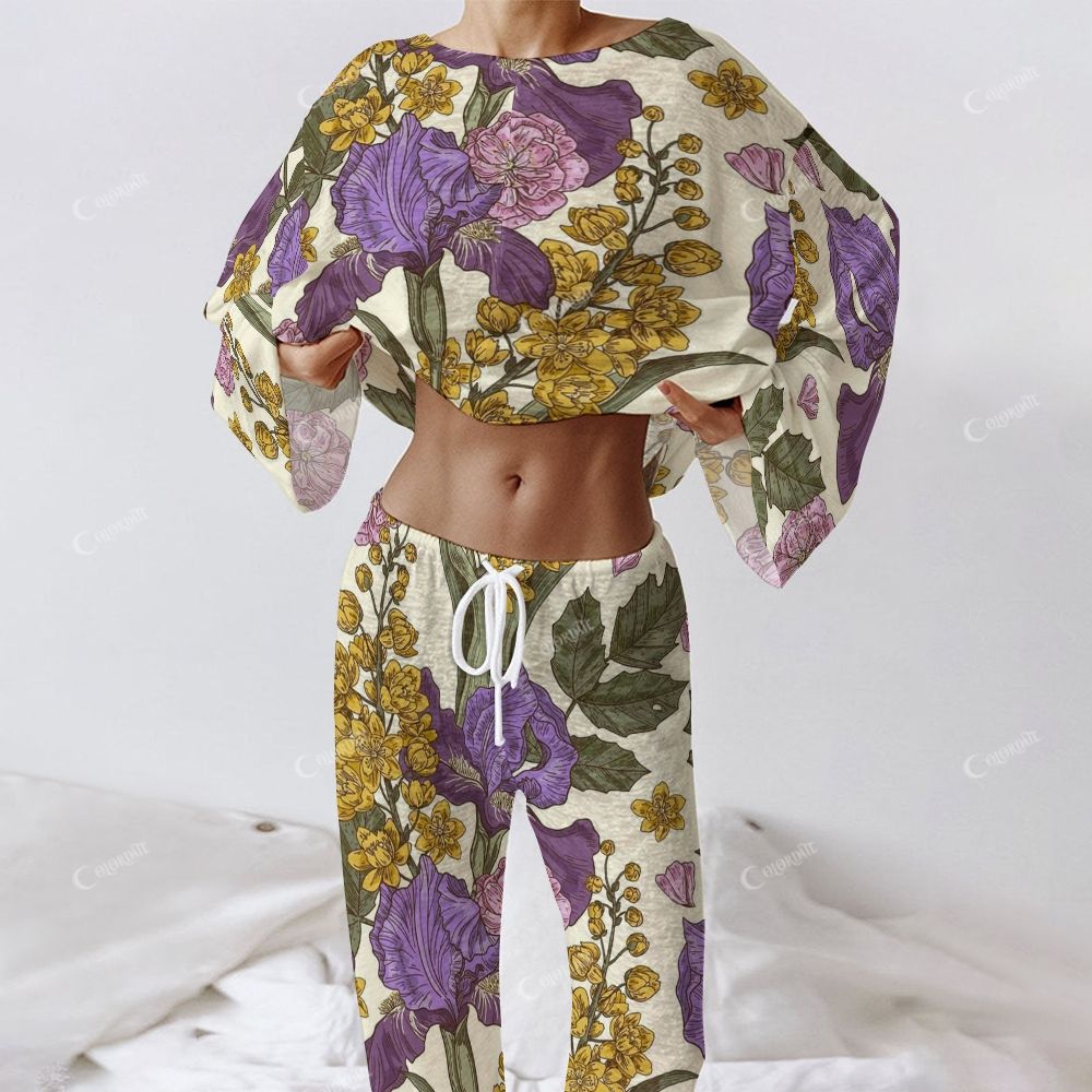 Colordate Women's Purple And Yellow Floral Prints Long Sleeve Cotton Homewear Set