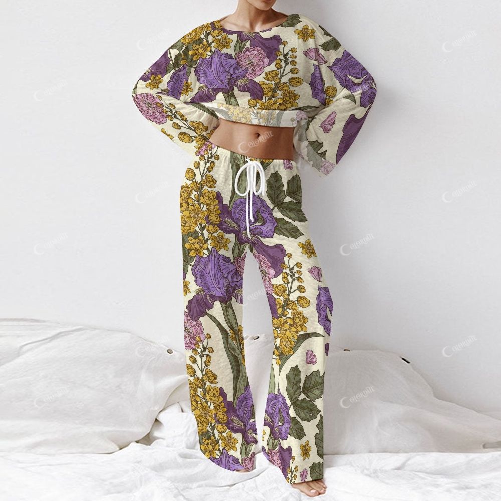 Colordate Women's Purple And Yellow Floral Prints Long Sleeve Cotton Homewear Set