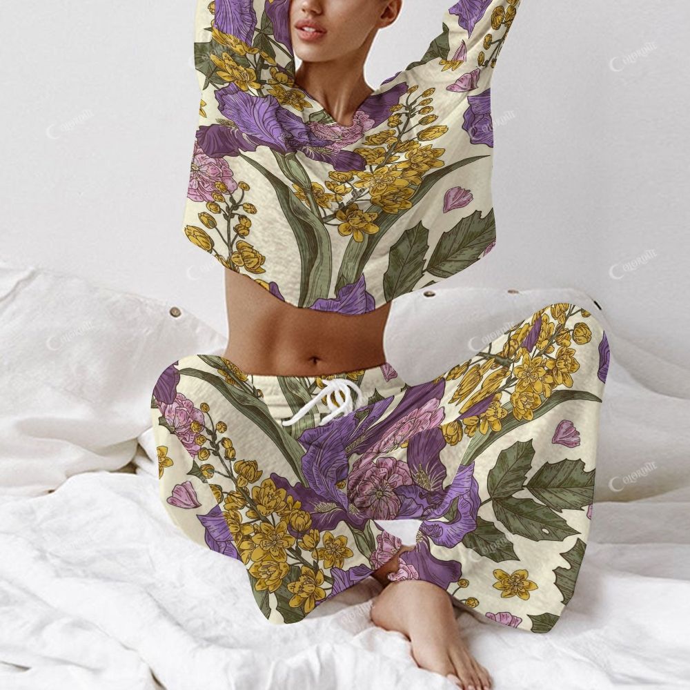 Colordate Women's Purple And Yellow Floral Prints Long Sleeve Cotton Homewear Set