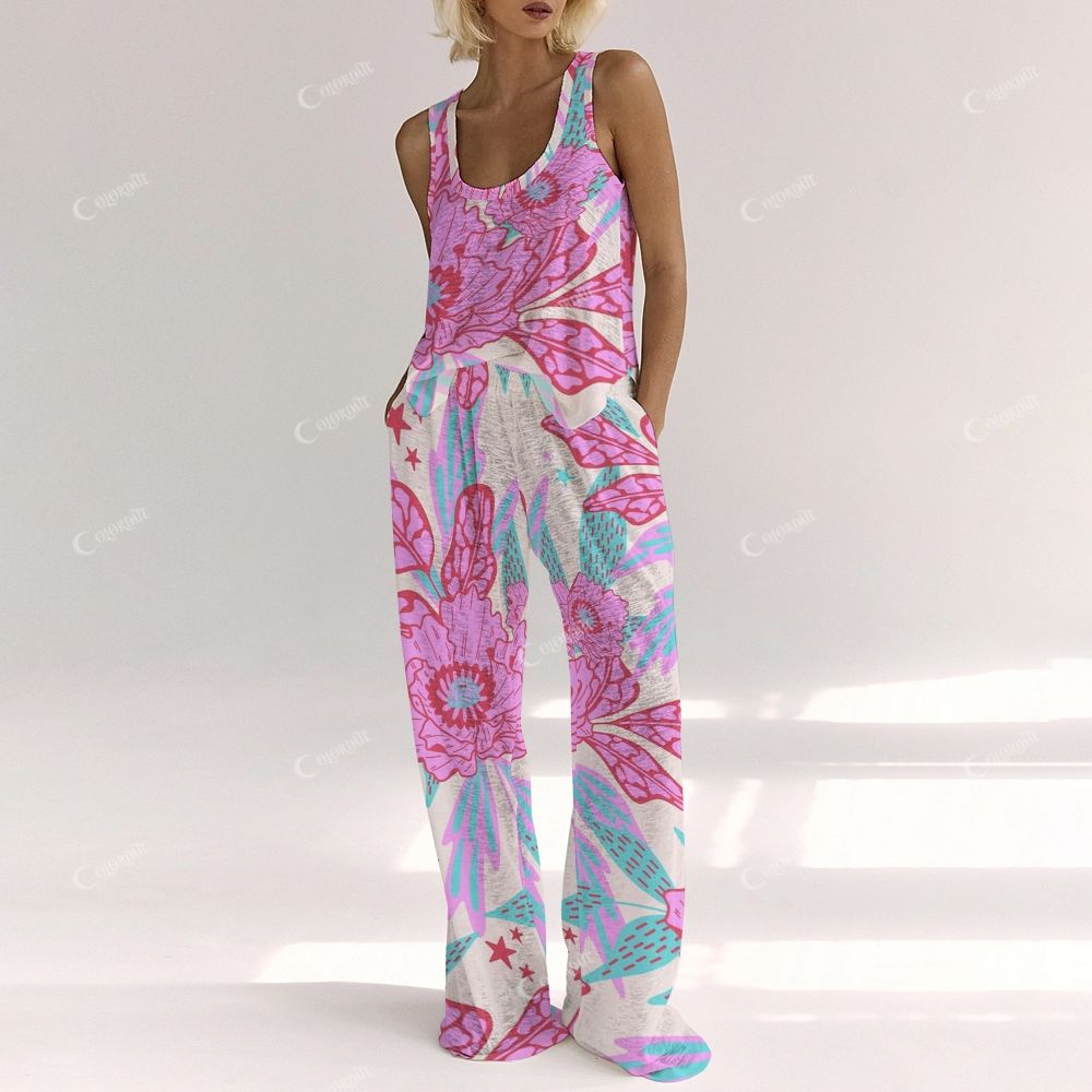Colordate Women's Blue And Rose Floral Prints Vest and Pants Set