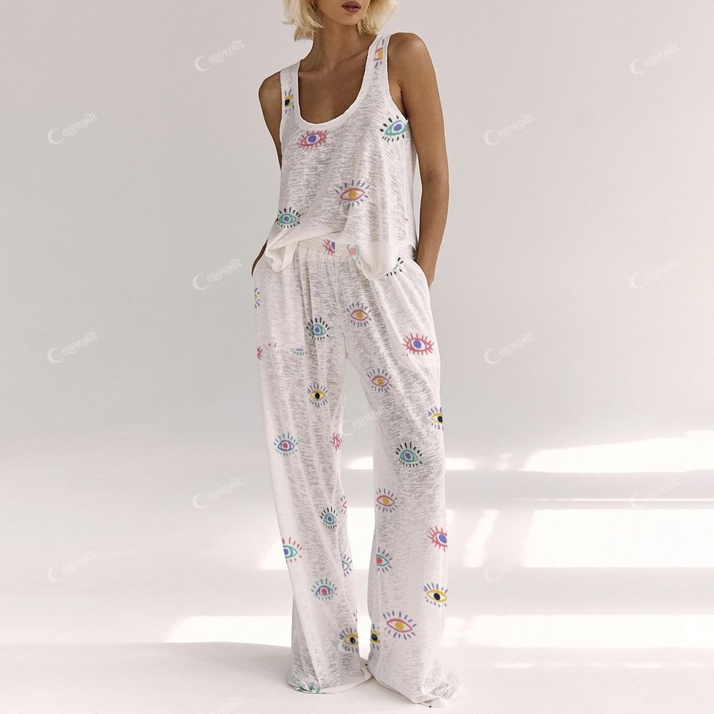 Women's Fun Cartoon Abstract Colorful Eye Vest and Pants Set