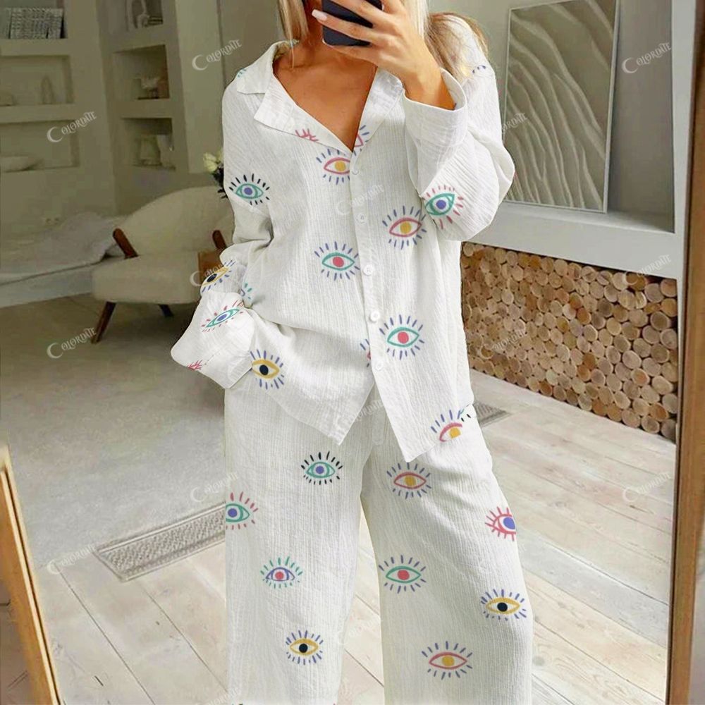 Women's Fun Cartoon Abstract Colorful Eye Print Cotton Cardigan Homewear Set