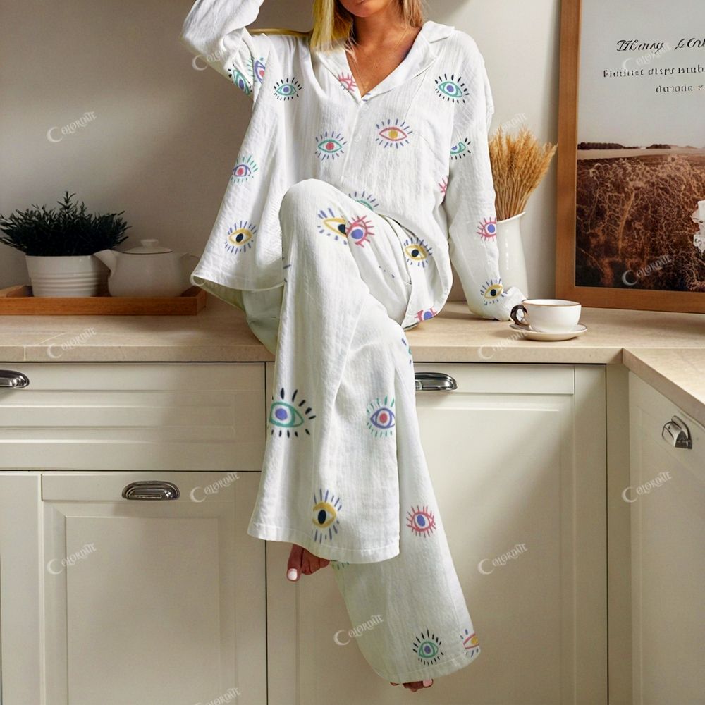 Women's Fun Cartoon Abstract Colorful Eye Print Cotton Cardigan Homewear Set