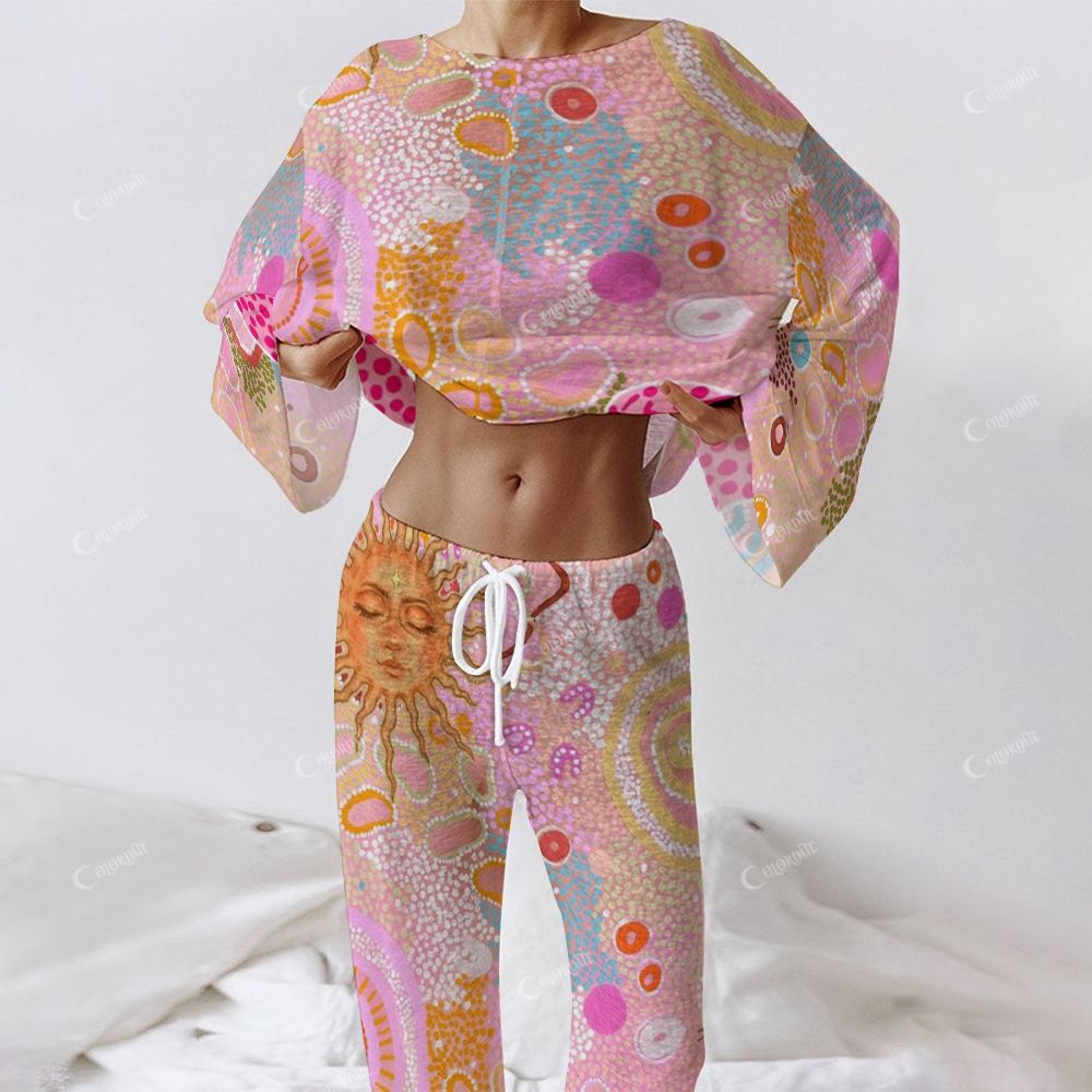 Colordate Women's Sun And Pink Leopards Print Long Sleeve Cotton Homewear Set