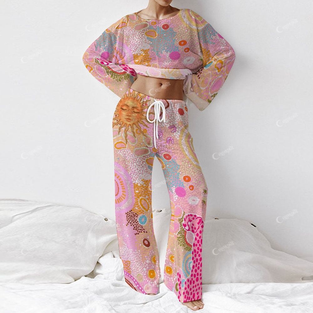 Colordate Women's Sun And Pink Leopards Print Long Sleeve Cotton Homewear Set