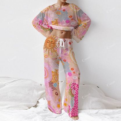 Colordate Women's Sun And Pink Leopards Print Long Sleeve Cotton Homewear Set