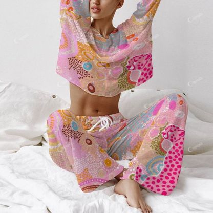 Colordate Women's Sun And Pink Leopards Print Long Sleeve Cotton Homewear Set