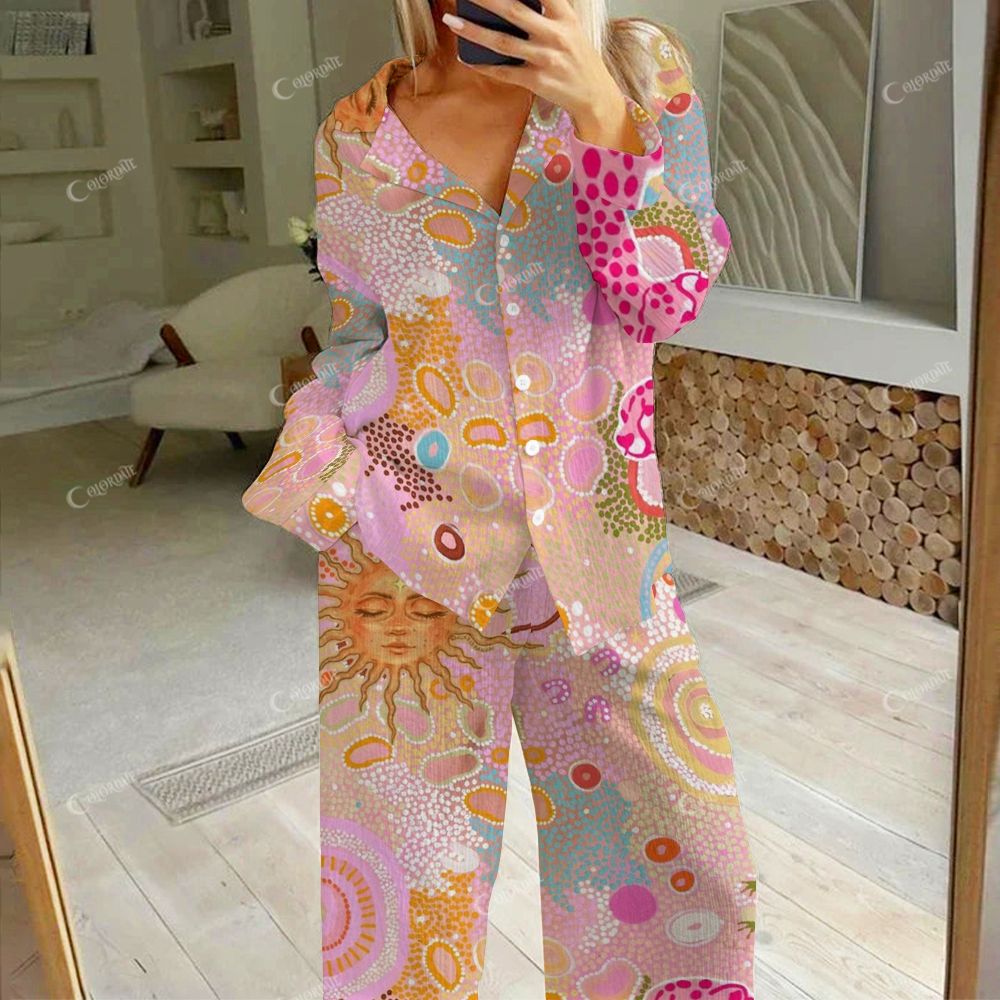 Colordate Women's Sun And Pink Leopards Print Cotton Cardigan Homewear Set