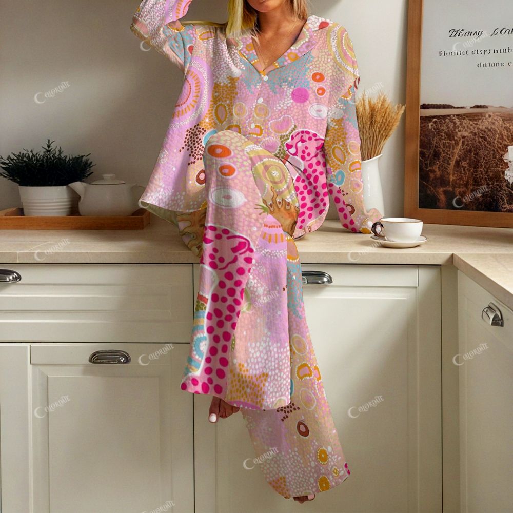 Colordate Women's Sun And Pink Leopards Print Cotton Cardigan Homewear Set