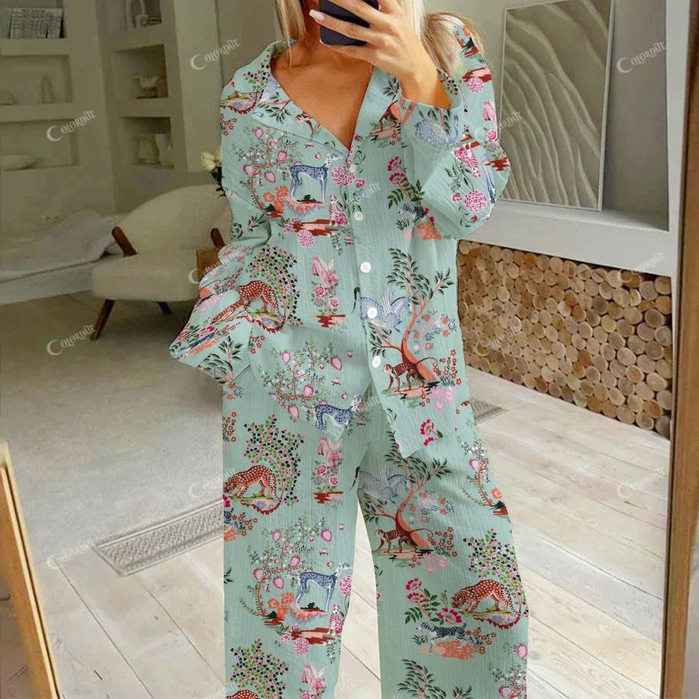Colordate Women's Animals Print Cotton Cardigan Homewear Set
