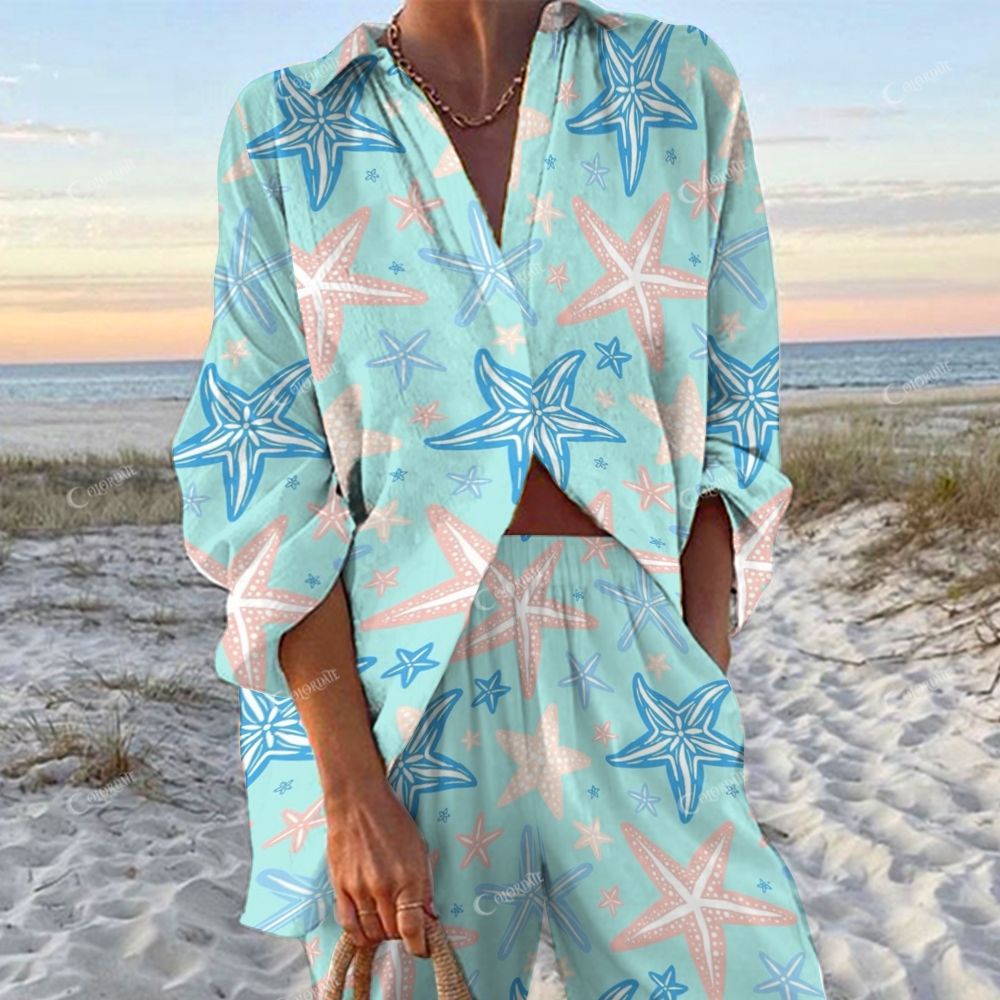 Colordate Women's Starfish Printed Shirt & Pants Two-piece Set