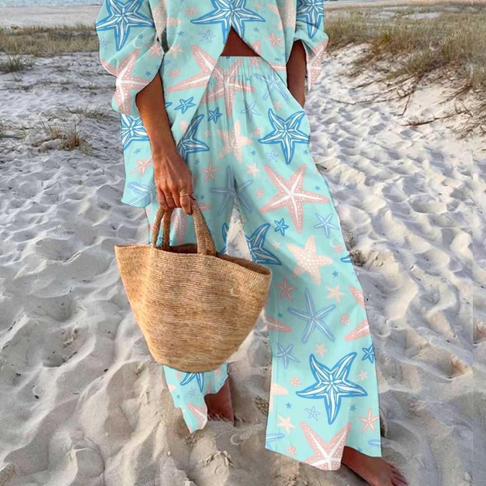 Colordate Women's Starfish Printed Shirt & Pants Two-piece Set