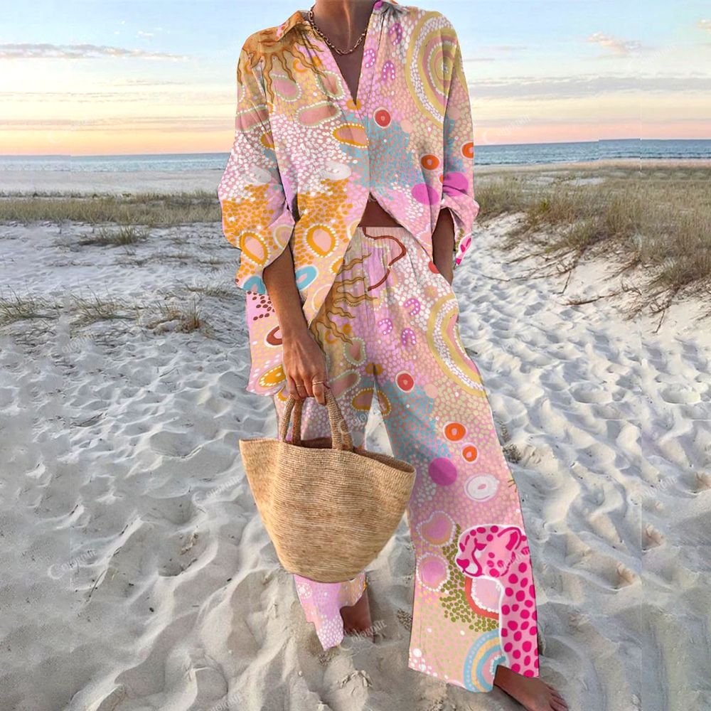 Colordate Women's Human Face Sun And Pink Leopard Printed Shirt & Pants Two-piece Set