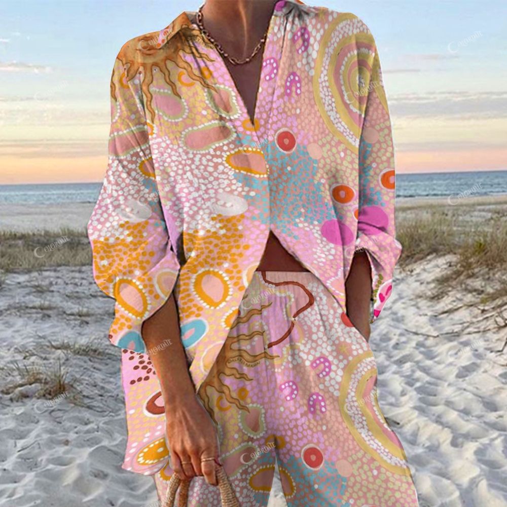 Colordate Women's Human Face Sun And Pink Leopard Printed Shirt & Pants Two-piece Set