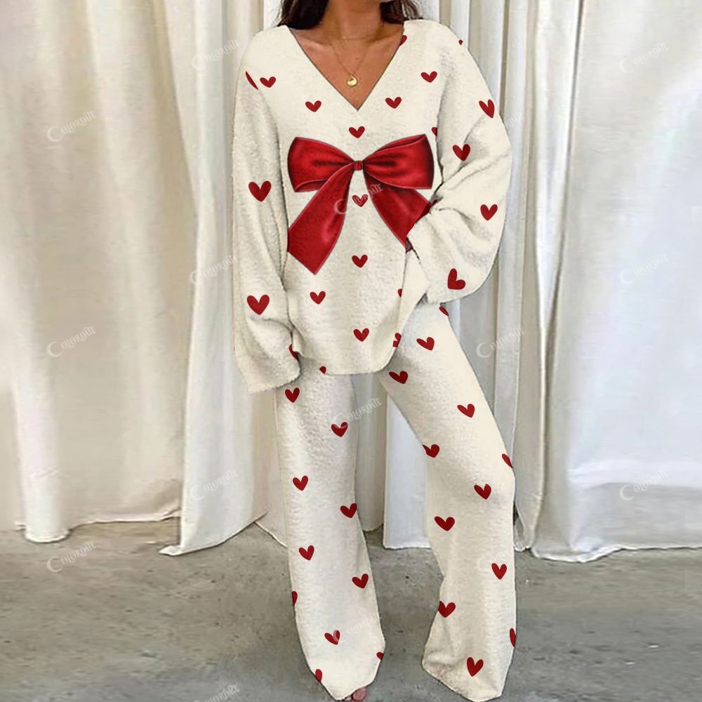 Colordate Red Bow With Love Print Loungewear Set For Women
