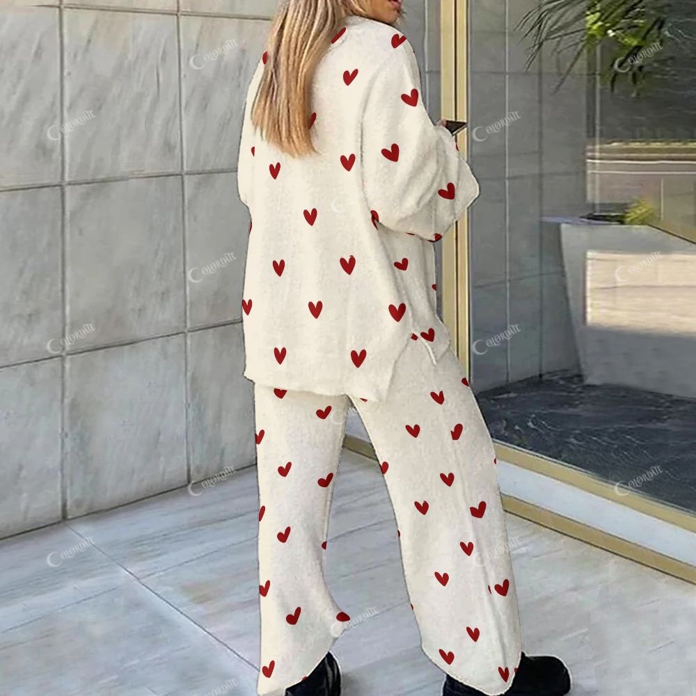 Colordate Red Bow With Love Print Loungewear Set For Women