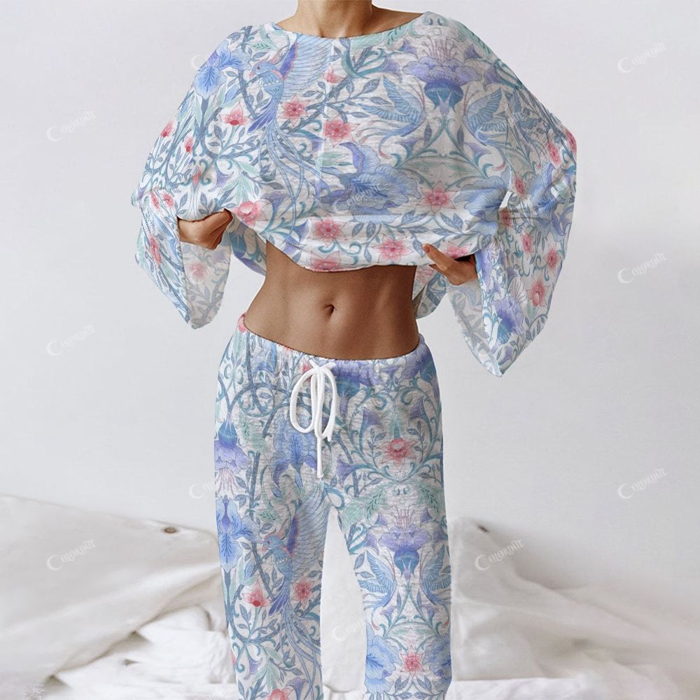 Colordate Women's Blue Flower And Bird Print Long Sleeve Cotton Homewear Set