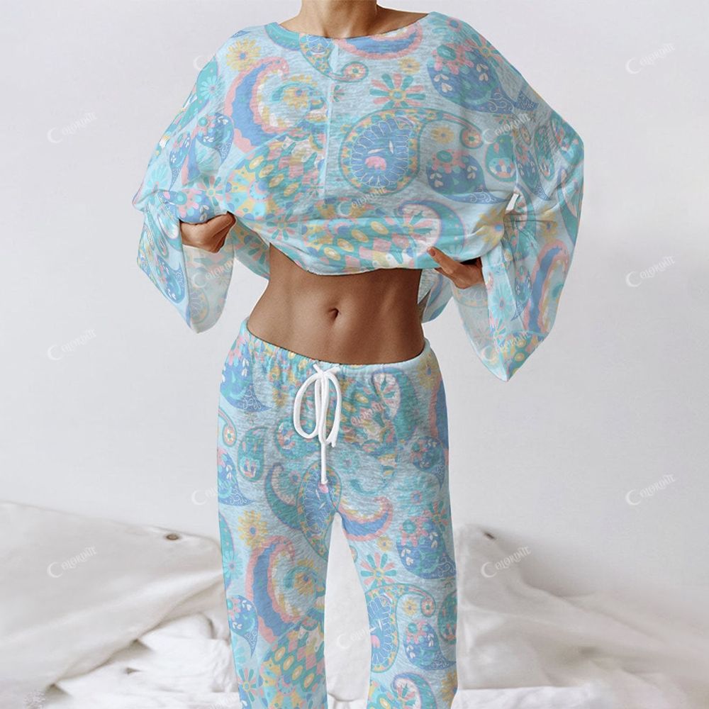 Colordate Women's Blue Drop Print Long Sleeve Cotton Homewear Set