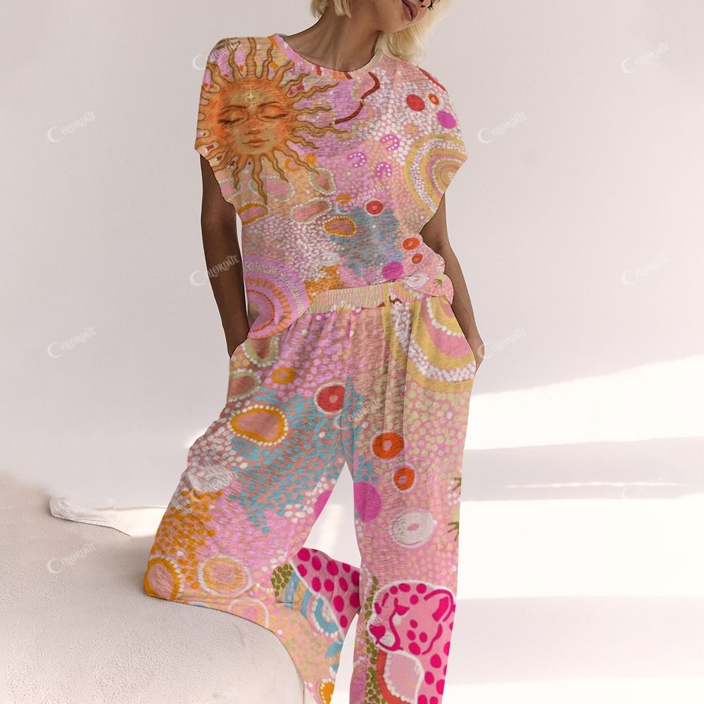 Colordate Human Face Sun Print And Pink Leopard Print Ladies  Lounge Suit