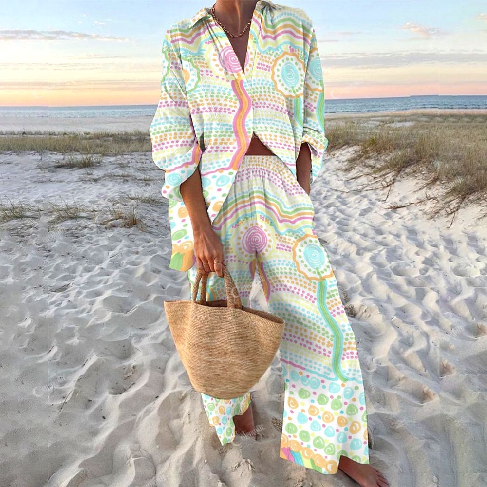 Colordate Women's Color Watercolor Polka Dots Printed Shirt & Pants Two-piece Set