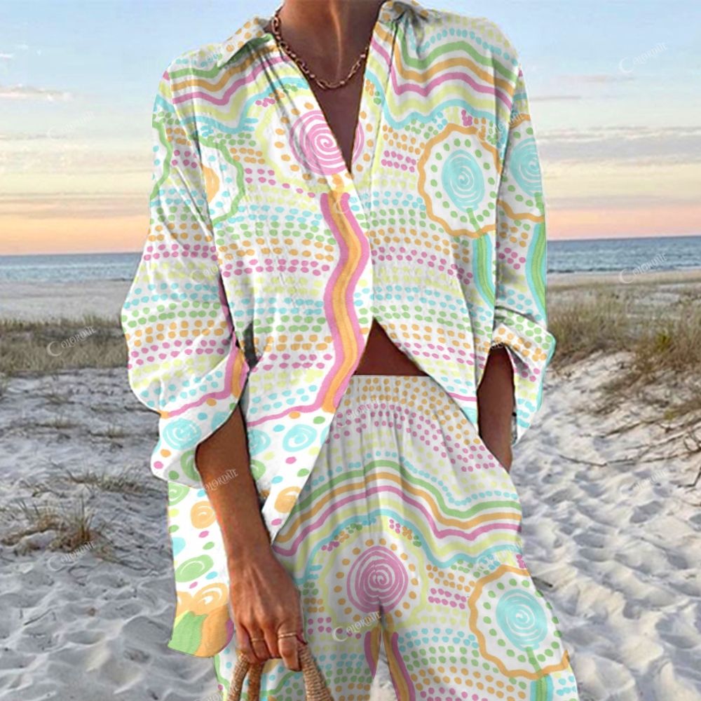 Colordate Women's Color Watercolor Polka Dots Printed Shirt & Pants Two-piece Set