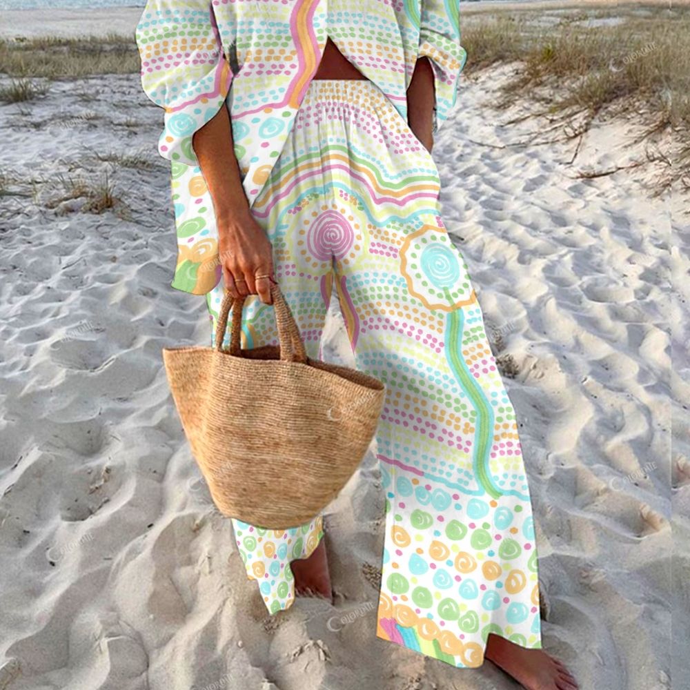 Colordate Women's Color Watercolor Polka Dots Printed Shirt & Pants Two-piece Set